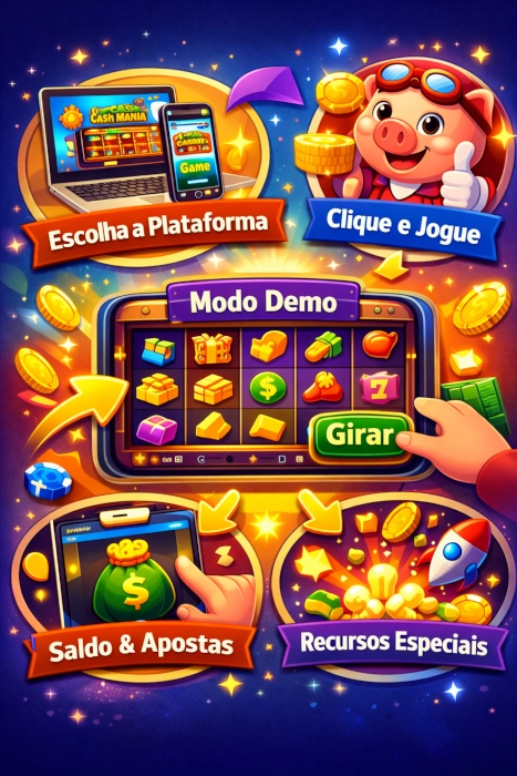 Ilustração explicativa mostrando como funciona o Cash Mania Game, com foco em plataforma, modo demo, apostas e recursos do jogo