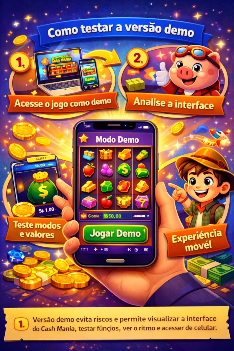 Ilustração explicativa mostrando como testar a versão demo do Cash Mania Game, com foco em interface, acesso mobile e visualização do jogo