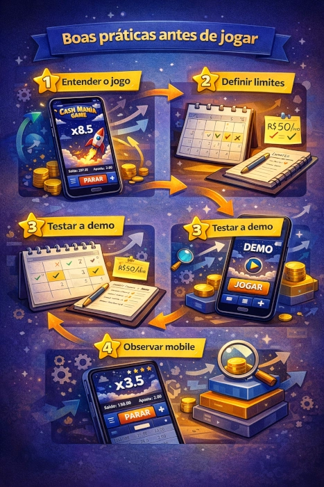 Ilustração explicativa com boas práticas para jogar Cash Mania Game, com foco em entender o jogo, definir limites, testar a demo e observar a experiência mobile