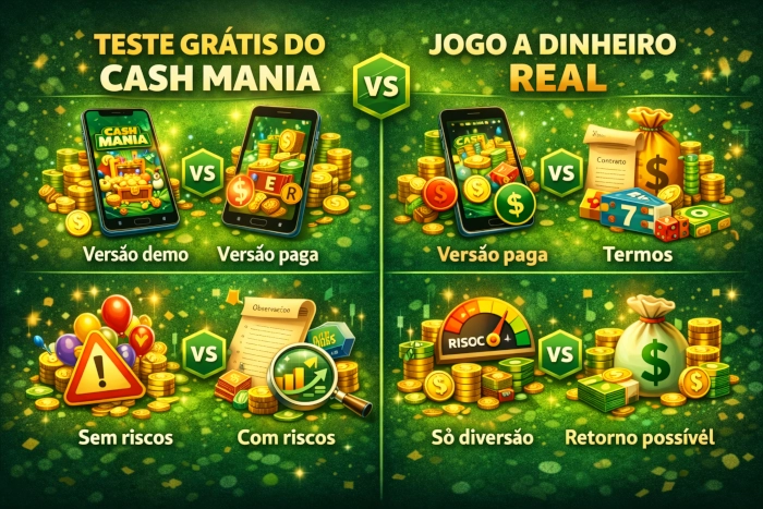 Ilustração explicativa comparando Cash Mania Game grátis e versão com dinheiro real, destacando demo, riscos, termos e diferenças na experiência de uso