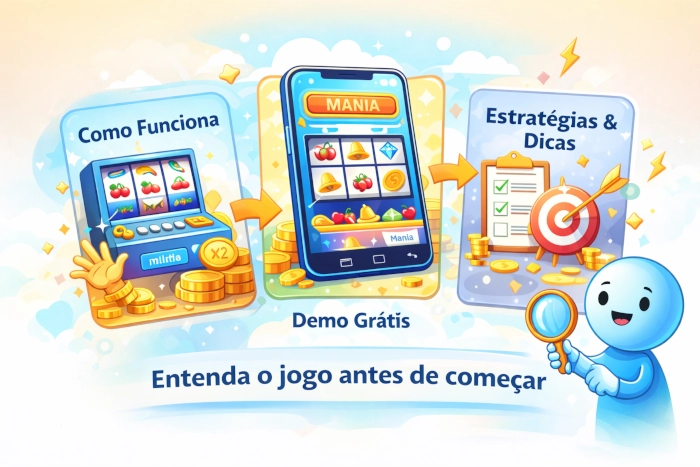 Ilustração explicativa com guias sobre como funciona, demo e estratégias do Cash Mania Game
