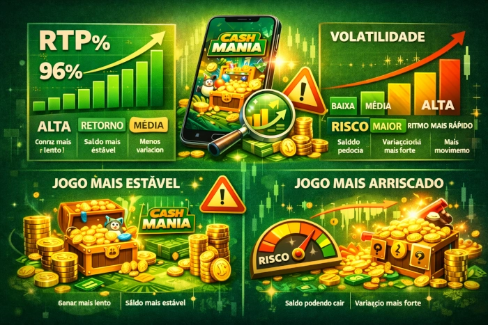 Ilustração explicativa sobre RTP e volatilidade no Cash Mania Game, comparando ritmo de variação, estabilidade e nível de risco na experiência de jogo