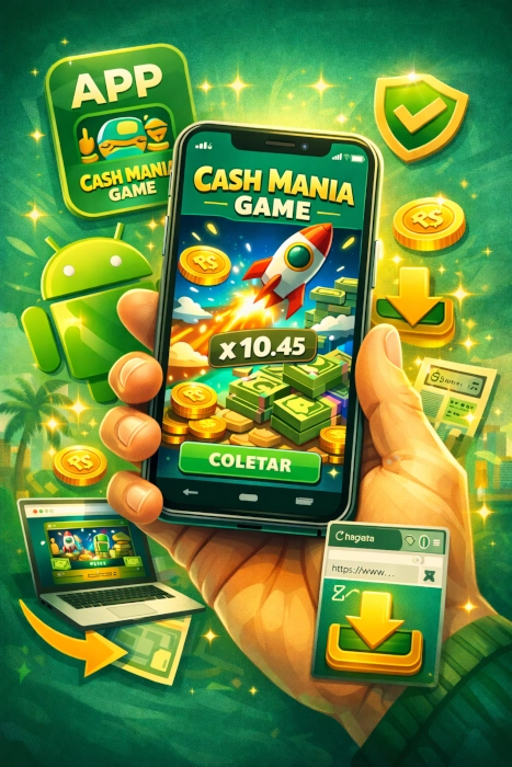 Ilustração vibrante do Cash Mania Game App no celular, com interface mobile, ícones de aplicativo, elementos de download, moedas, dinheiro e visual inspirado na experiência de acesso pelo smartphone