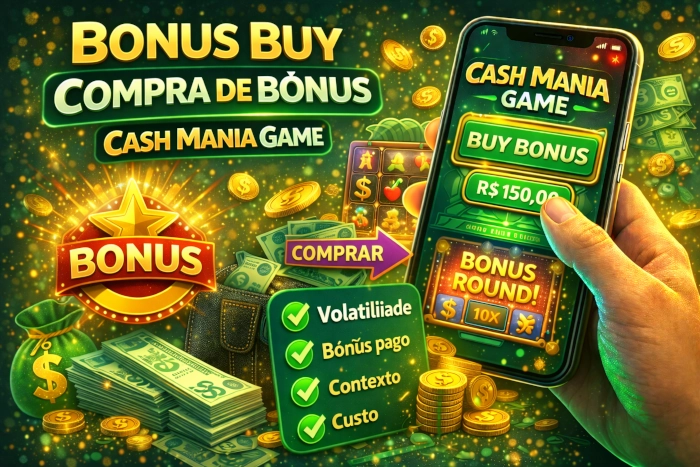 Ilustração vibrante do Cash Mania Game com foco em bonus buy, mostrando interface mobile, compra de bônus, moedas, dinheiro e elementos visuais ligados a custo, volatilidade e acesso direto a rodadas bônus