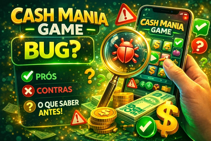 Ilustração vibrante do Cash Mania Game com foco em dúvidas sobre bug, mostrando interface mobile, lupa, alerta visual, moedas, dinheiro e elementos gráficos ligados à análise de erro, verificação da plataforma e interpretação cuidadosa do jogo