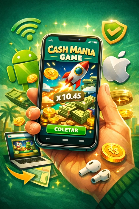 Ilustração vibrante do Cash Mania Game no celular, com interface mobile, símbolos de Android e iPhone, moedas, dinheiro e elementos visuais ligados à experiência de jogo no smartphone