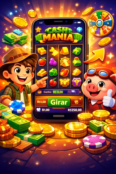 Ilustração vibrante do Cash Mania Game em um celular, com interface colorida, moedas, dinheiro e personagens em estilo inspirado no jogo