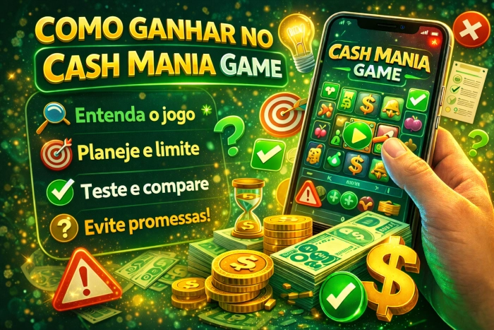 Ilustração vibrante do Cash Mania Game com foco em como jogar com mais consciência, mostrando interface mobile, checklist visual, moedas, dinheiro e elementos gráficos ligados a planejamento, comparação, limites e expectativas realistas
