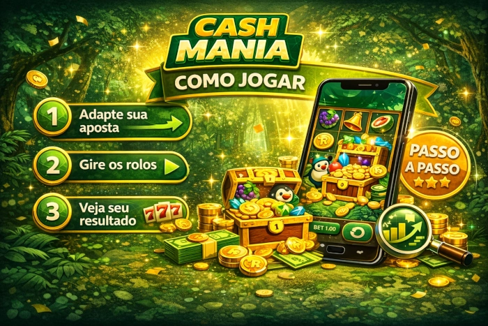 Ilustração vibrante do Cash Mania Game mostrando como jogar no celular, com passos visuais, interface do jogo, moedas e elementos gráficos explicativos