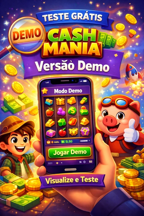 Ilustração vibrante da versão demo do Cash Mania Game em um celular, com interface colorida, moedas e personagens em estilo inspirado no jogo