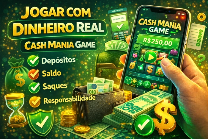 Ilustração vibrante do Cash Mania Game com foco em jogar com dinheiro real, mostrando interface mobile, saldo em reais, carteira, moedas, dinheiro e elementos visuais ligados a depósitos, saques e uso responsável da plataforma