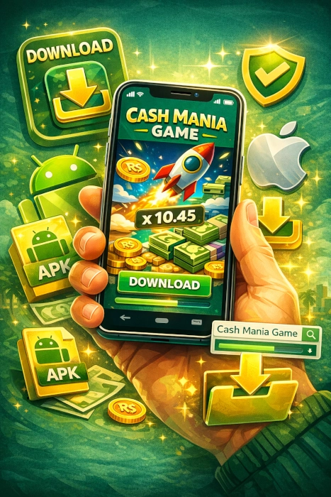 Ilustração vibrante do Cash Mania Game Download no celular, com elementos visuais de instalação, ícones de download, símbolos de Android e iPhone, moedas e interface mobile inspirada no jogo