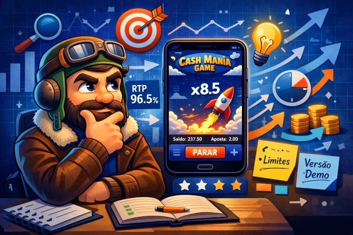 Ilustração estratégica do Cash Mania Game em um celular, com elementos visuais de análise, observação da interface e abordagem mais consciente do jogo