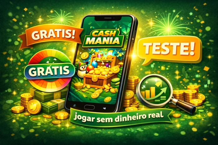 Ilustração vibrante do Cash Mania Game grátis em um celular, com elementos visuais de teste, acesso sem dinheiro real e experiência de jogo mais leve