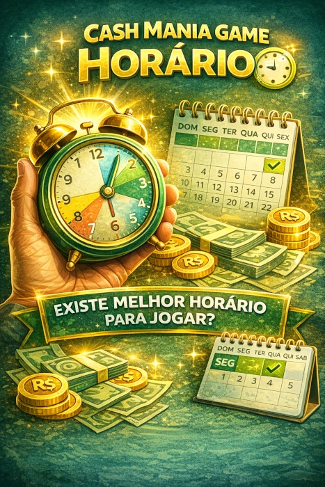 Ilustração vibrante do Cash Mania Game com foco em horários para jogar, mostrando relógio, calendário, dinheiro, moedas e elementos visuais ligados ao momento de acesso e à rotina de jogo no celular