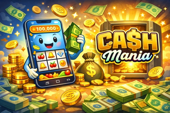 Ilustração do Cash Mania Game com visual inspirado no estilo do jogo, dinheiro e elementos gráficos vibrantes