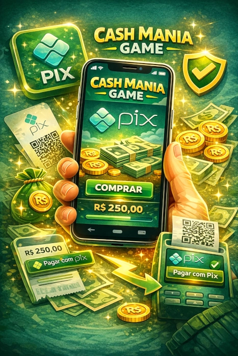 Ilustração vibrante do Cash Mania Game com foco em pagamentos via Pix no celular, mostrando interface mobile, QR code, comprovantes, dinheiro, moedas e elementos visuais ligados a depósitos e saques