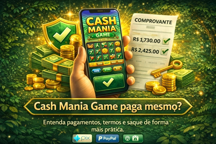 Ilustração do Cash Mania Game em um celular com elementos visuais de pagamentos, saques, comprovantes e leitura prática sobre como funcionam os recebimentos na plataforma