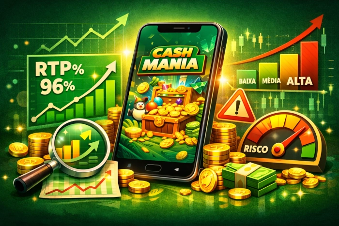 Ilustração do Cash Mania Game em um celular com elementos visuais de RTP, volatilidade, gráficos, risco e análise da dinâmica do jogo