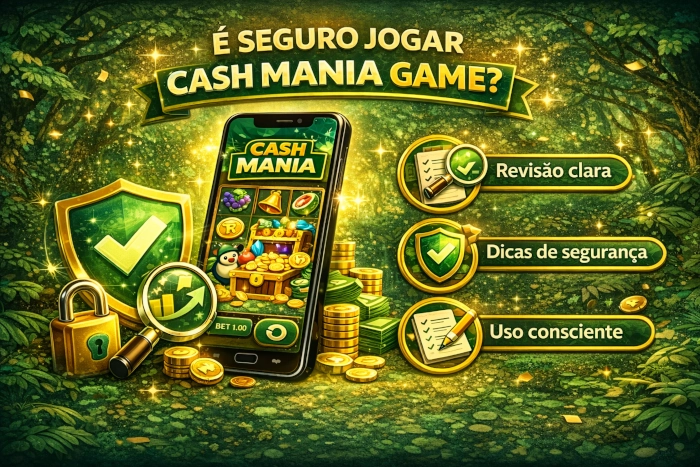 Ilustração do Cash Mania Game em um celular com elementos visuais de segurança, proteção, revisão da plataforma e uso consciente do jogo
