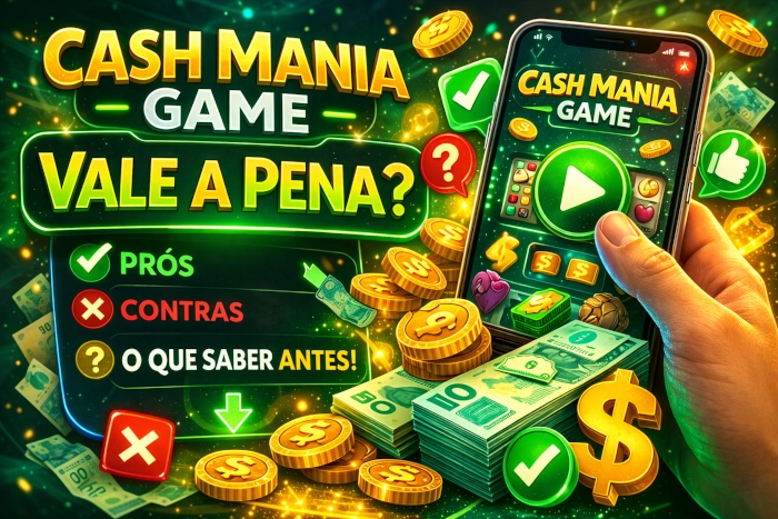 Ilustração vibrante do Cash Mania Game com foco em análise se vale a pena jogar, mostrando interface mobile, checklist visual, elementos de comparação, moedas, dinheiro e ícones ligados a prós, contras e decisão consciente